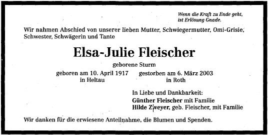 Sturm Elsa Julie 1917-2003 Todesanzeige